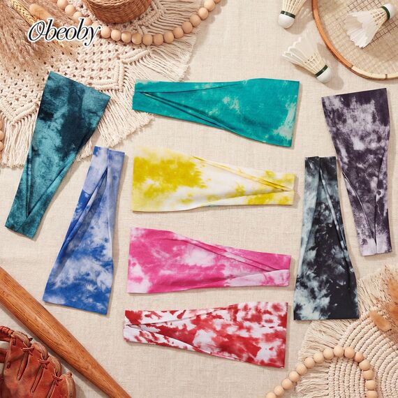 obeoby Batik-Stirnbänder, Boho-Haarbänder, Hippie-Geschenke für Frauen, modischer Knoten, breites Stirnband für tägliche Yoga-Arbeit, 8 Stück
