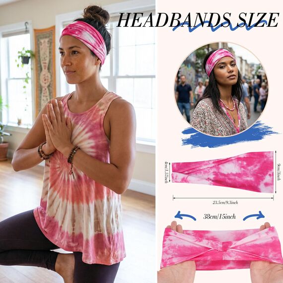 obeoby Batik-Stirnbänder, Boho-Haarbänder, Hippie-Geschenke für Frauen, modischer Knoten, breites Stirnband für tägliche Yoga-Arbeit, 8 Stück