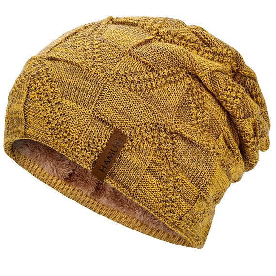 HAMUNI Mütze Damen - Atmungsaktiv Strickmütze Herren - Slouch Beanie Mütze mit Weichem Fleece Innenfutter - Unisex Wintermütze - Klassische Herren Damen Mütze für Herbst Winter Frühjahr (Gelb)