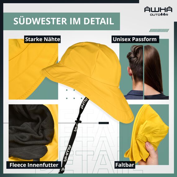 AWHA Südwester Regenhut gelb/Unisex - wasserdichte Mütze mit breiter Krempe und Ohrenklappen