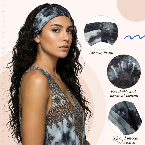 obeoby Batik-Stirnbänder, Boho-Haarbänder, Hippie-Geschenke für Frauen, modischer Knoten, breites Stirnband für tägliche Yoga-Arbeit, 8 Stück