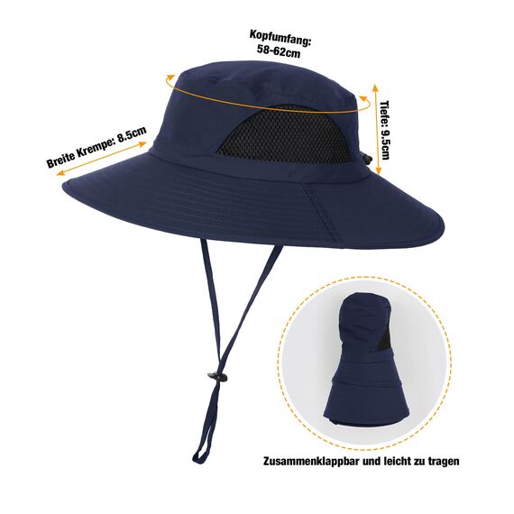 Wmcaps Sonnenhut Herren UV Schutz, Breite Krempe Wanderhut Damen Outdoor, Faltbar Safari Sonnenschutz Hut（Marineblau）