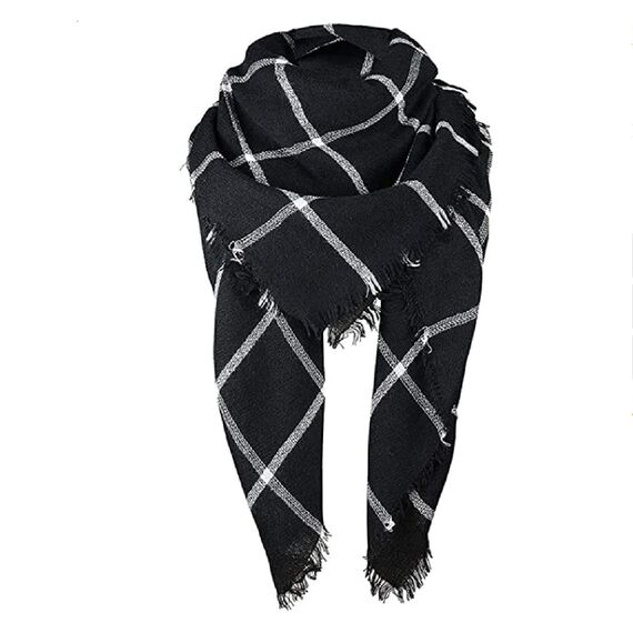 Durio Karoschal Damen Schal Winter Weich Deckenschal Quadratisch Übergroßer Strickschal Kariert Poncho mit Fransen Schwarz A40