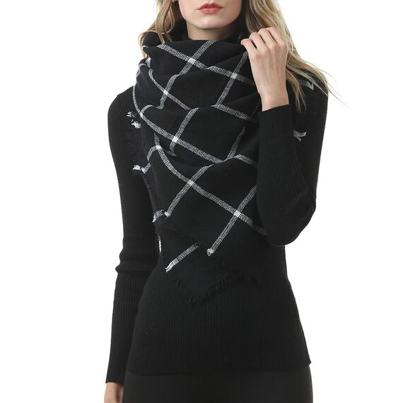 Durio Karoschal Damen Schal Winter Weich Deckenschal Quadratisch Übergroßer Strickschal Kariert Poncho mit Fransen Schwarz A40