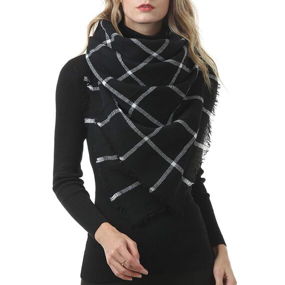 Durio Karoschal Damen Schal Winter Weich Deckenschal Quadratisch Übergroßer Strickschal Kariert Poncho mit Fransen Schwarz A40