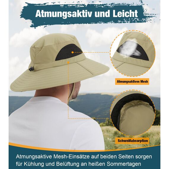 Wmcaps Sonnenhut Herren UV Schutz, Breite Krempe Wanderhut Damen Outdoor, Faltbar Safari Sonnenschutz Hut（Militärgrün）
