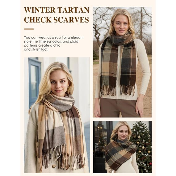heekpek Damen Kariert Oversized Kaschmir Schal Lange Winterschal Weich Wraps Groß Karo Fransen Schal Warm Schal für Herbst Winter, Khaki und Beige