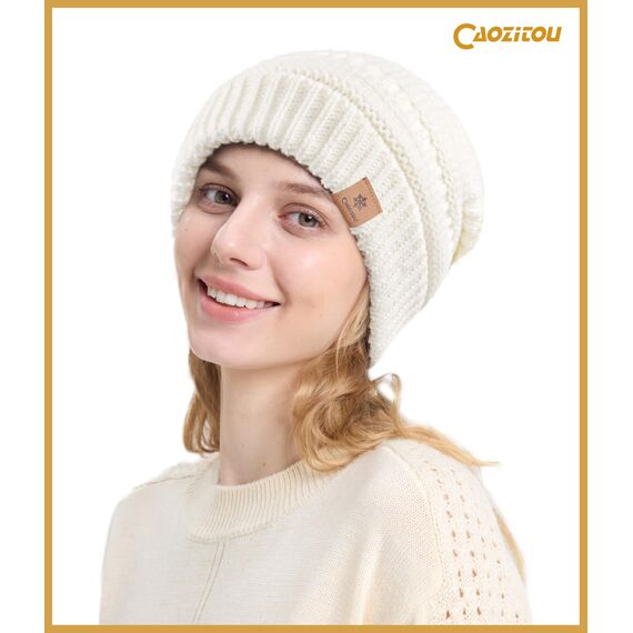 CAOZITOU Mütze Damen Winter, Beanie Wintermütze Thermo Warm Fleece, Weiche Strickmütze für Outdoorsport (Weiß)