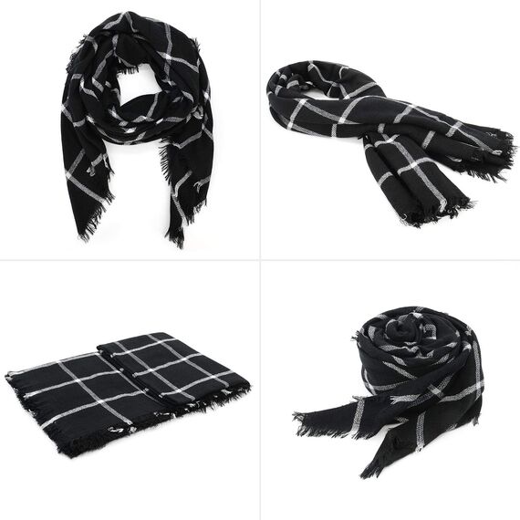 Durio Karoschal Damen Schal Winter Weich Deckenschal Quadratisch Übergroßer Strickschal Kariert Poncho mit Fransen Schwarz A40