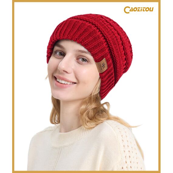 CAOZITOU Mütze Damen Winter, Beanie Wintermütze Thermo Warm Fleece, Weiche Strickmütze für Outdoorsport (Winerot)