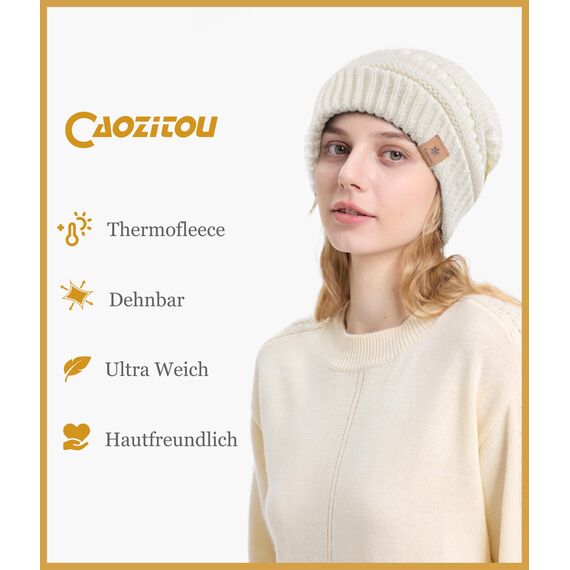 CAOZITOU Mütze Damen Winter, Beanie Wintermütze Thermo Warm Fleece, Weiche Strickmütze für Outdoorsport (Weiß)