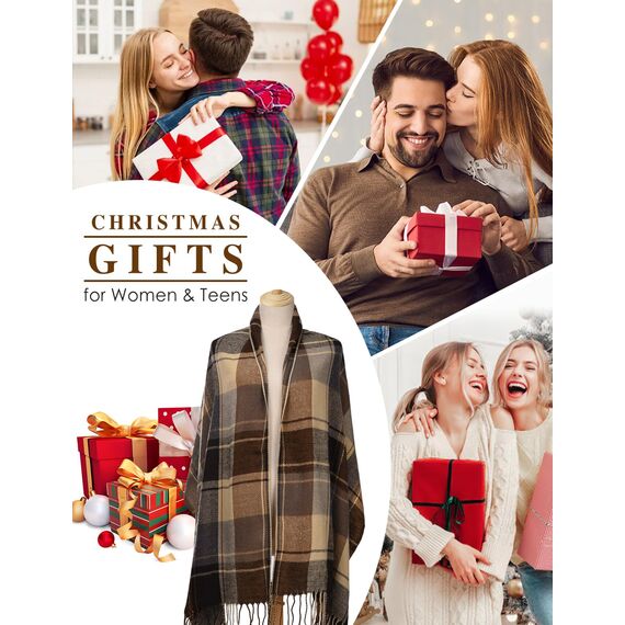 heekpek Damen Kariert Oversized Kaschmir Schal Lange Winterschal Weich Wraps Groß Karo Fransen Schal Warm Schal für Herbst Winter, Khaki und Beige