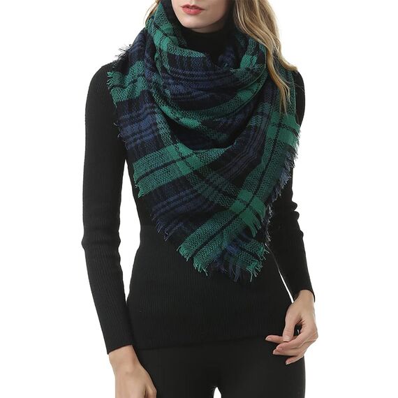Durio Karoschal Damen Schal Winter Weich Deckenschal Quadratisch Übergroßer Strickschal Kariert Poncho mit Fransen Blau Grün