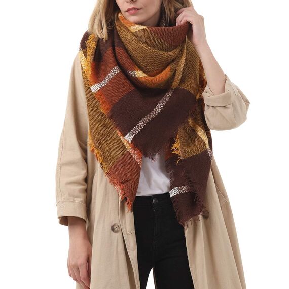 Durio Karoschal Damen Schal Winter Weich Deckenschal Quadratisch Übergroßer Strickschal Kariert Poncho mit Fransen Braun A37