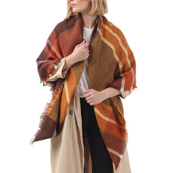 Durio Karoschal Damen Schal Winter Weich Deckenschal Quadratisch Übergroßer Strickschal Kariert Poncho mit Fransen Braun A37