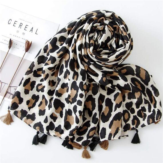 Soudittur Damen Schal Leopardenmuster Winter Warmer Halstücher mit Fransen - Übergroßer 180 * 100 cm (Beige)
