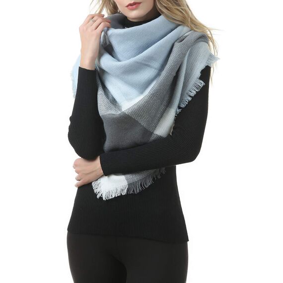 Durio Karoschal Damen Schal Winter Weich Deckenschal Quadratisch Übergroßer Strickschal Kariert Poncho mit Fransen Blaues u. Graues Karo