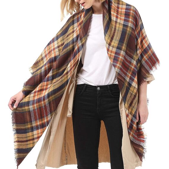 Durio Karoschal Damen Schal Winter Weich Deckenschal Quadratisch Übergroßer Strickschal Kariert Poncho mit Fransen Kaffee A10