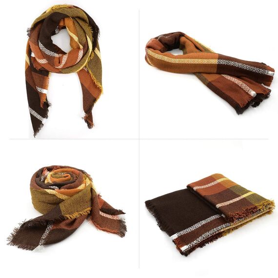 Durio Karoschal Damen Schal Winter Weich Deckenschal Quadratisch Übergroßer Strickschal Kariert Poncho mit Fransen Braun A37