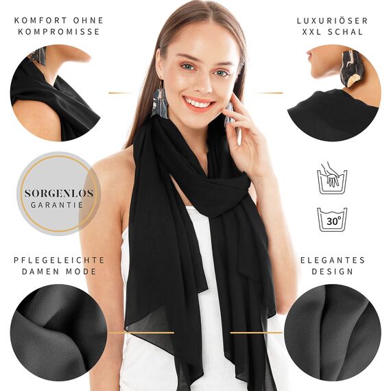Chiffon Schal Damen Schwarz - Seidenweich und Federleicht - Eleganter Halstuch Schal - Polyester Tuch Halstuch Damen Frühling Sommer - Pflegeleichtes Schaltuch - Damenschal Leicht (Schwarz)