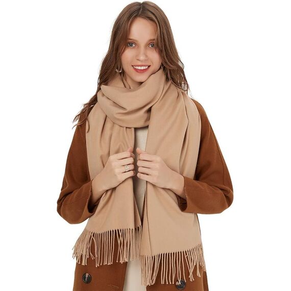 MaaMgic Schal Damen Warm Winter Herbst unifarben Baumwolle mit quasten/fransen, 20+ Farben Einfarbig & Kariert Pashmina Stola Schals MEHRWEG,Beige Hellcamel
