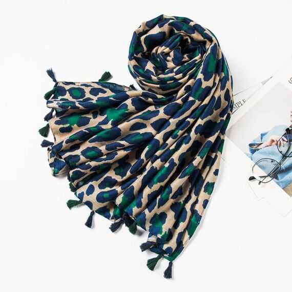 KRUIHAN Frauen Weichen Langen Hals Schal - Damenmode Leopard Tiermuster Cape,Abendgesellschaft Stilvolle Accessoires mit Quaste(Stil B-Blau)