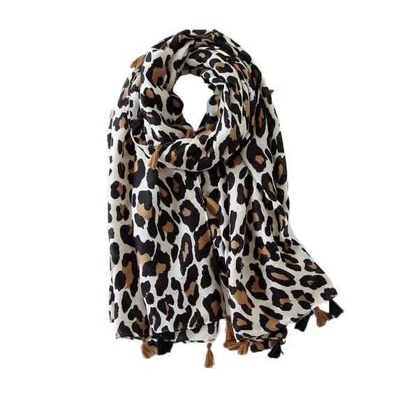 KRUIHAN Frauen Weichen Langen Hals Schal - Damenmode Leopard Tiermuster Cape,Abendgesellschaft Stilvolle Accessoires mit Quaste(Stil B-Beige)