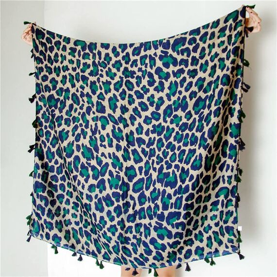 KRUIHAN Frauen Weichen Langen Hals Schal - Damenmode Leopard Tiermuster Cape,Abendgesellschaft Stilvolle Accessoires mit Quaste(Stil B-Blau)