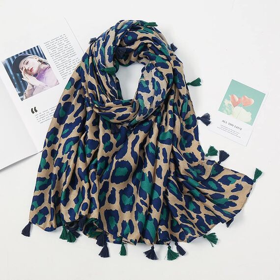 KRUIHAN Frauen Weichen Langen Hals Schal - Damenmode Leopard Tiermuster Cape,Abendgesellschaft Stilvolle Accessoires mit Quaste(Stil B-Blau)