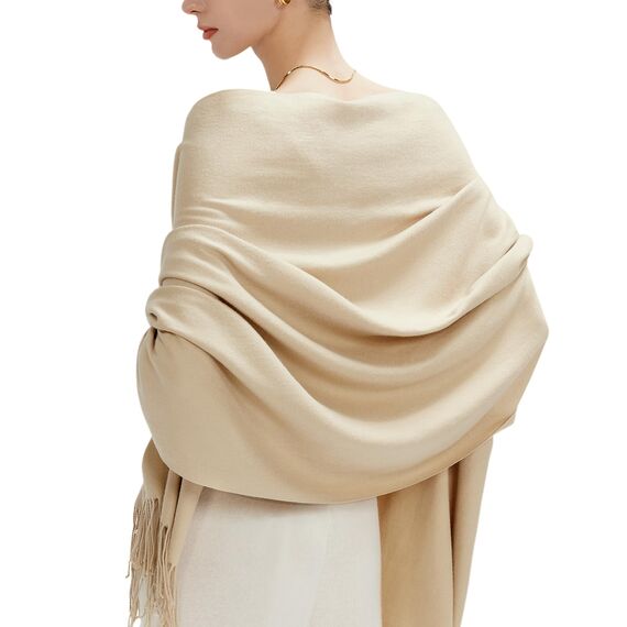 MaaMgic Schal Damen Warm Winter Herbst unifarben Baumwolle mit quasten/fransen, 20+ Farben Einfarbig & Kariert Pashmina Stola Schals MEHRWEG,Creme Braun