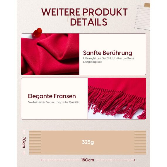 MaaMgic Schal Damen Warm Winter Herbst unifarben Baumwolle mit quasten/fransen, 20+ Farben Einfarbig & Kariert Pashmina Stola Schals MEHRWEG,Rot