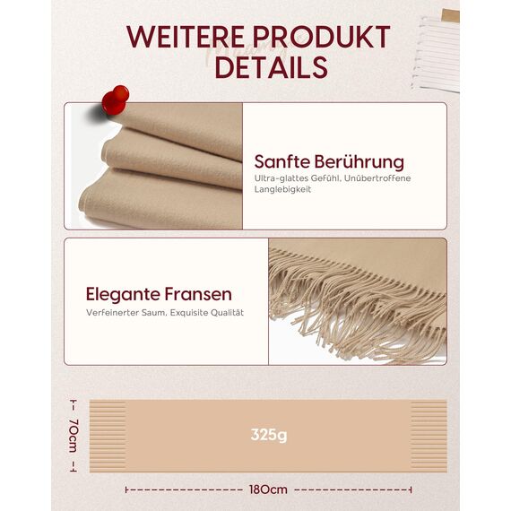 MaaMgic Schal Damen Warm Winter Herbst unifarben Baumwolle mit quasten/fransen, 20+ Farben Einfarbig & Kariert Pashmina Stola Schals MEHRWEG,Beige Hellcamel