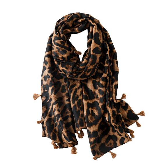 KRUIHAN Frauen Weichen Langen Hals Schal - Damenmode Leopard Tiermuster Cape,Abendgesellschaft Stilvolle Accessoires mit Quaste(Stil B-Braun)