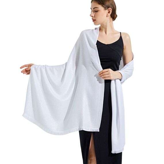 vimate Weißer Schal für Hochzeit, Leichte Pashmina Brautjungfer Schals und Wraps für formelle Abendkleider (DE-Pure Weiß/Silber)