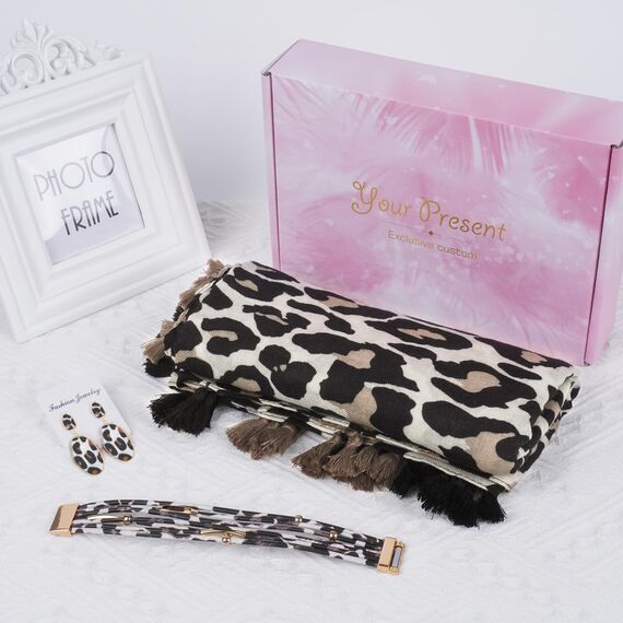 KRUIHAN Schal Damen Winter Schal Leopardenmuster Damen mit Ohrringe und Armband Stola Damen Warm Schals & Tücher für Damen,Geschenke für Frauen,Style B-Schal Beige 3er Set