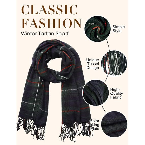 Tuopuda Damen Schal Kariert übergroßer Winter, Schal Quadratisch Deckenschal Karo Tartan Streifen Plaid Muster Fransen Warm XXL Oversized Herbstschal Geschenk für Mama, Grün, Einheitsgröße