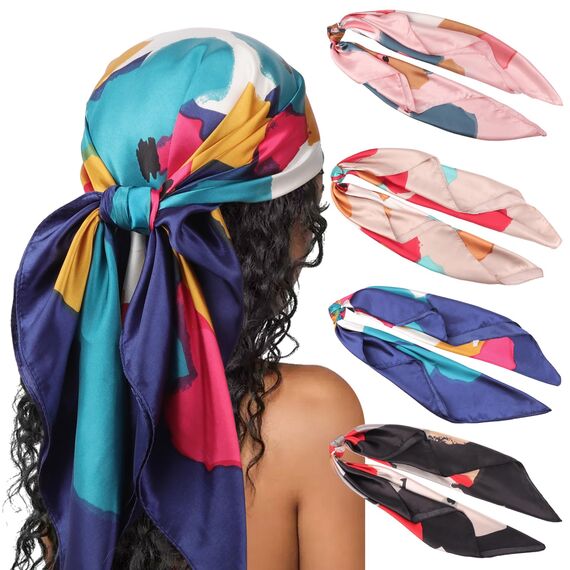 DRESHOW 90x90cm Große Quadratische Schals für Damen 4 Stück Seide Kopftuch Bandanas Haartuch Halstuch Haarschmuck