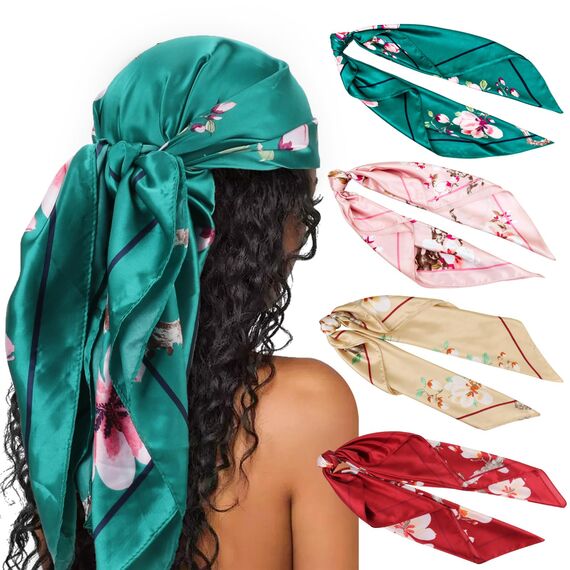 DRESHOW 90x90cm Große Quadratische Schals für Damen 4 Stück Seide Kopftuch Bandanas Haartuch Halstuch Haarschmuck