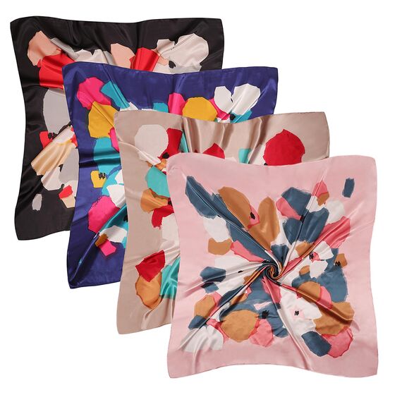 DRESHOW 90x90cm Große Quadratische Schals für Damen 4 Stück Seide Kopftuch Bandanas Haartuch Halstuch Haarschmuck