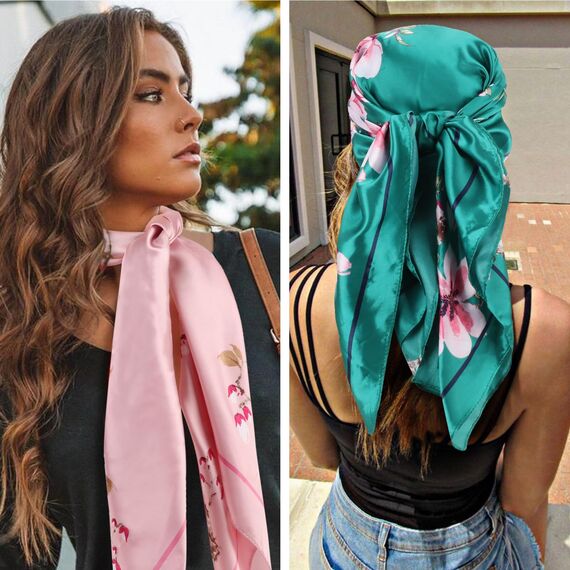 DRESHOW 90x90cm Große Quadratische Schals für Damen 4 Stück Seide Kopftuch Bandanas Haartuch Halstuch Haarschmuck