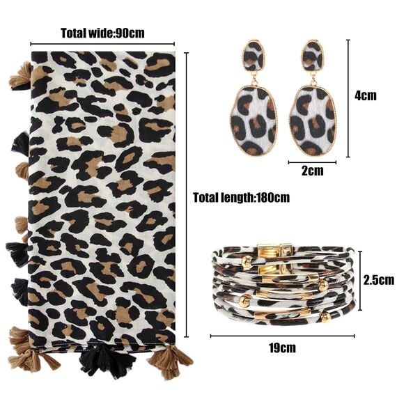 KRUIHAN Schal Damen Winter Schal Leopardenmuster Damen mit Ohrringe und Armband Stola Damen Warm Schals & Tücher für Damen,Geschenke für Frauen,Style B-Schal Beige 3er Set