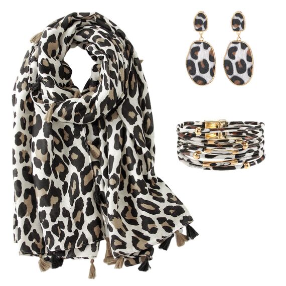 KRUIHAN Schal Damen Winter Schal Leopardenmuster Damen mit Ohrringe und Armband Stola Damen Warm Schals & Tücher für Damen,Geschenke für Frauen,Style B-Schal Beige 3er Set