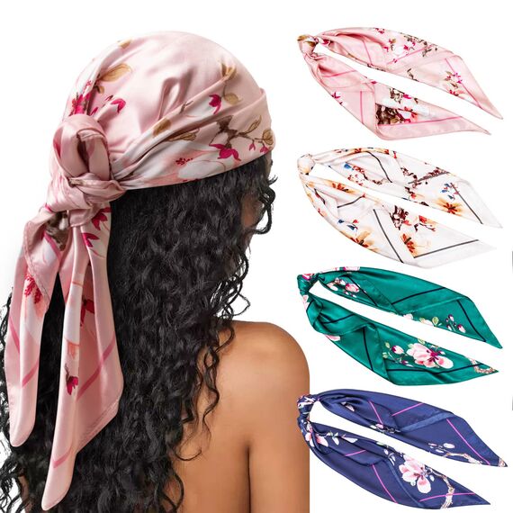 DRESHOW 90x90cm Große Quadratische Schals für Damen 4 Stück Seide Kopftuch Bandanas Haartuch Halstuch Haarschmuck