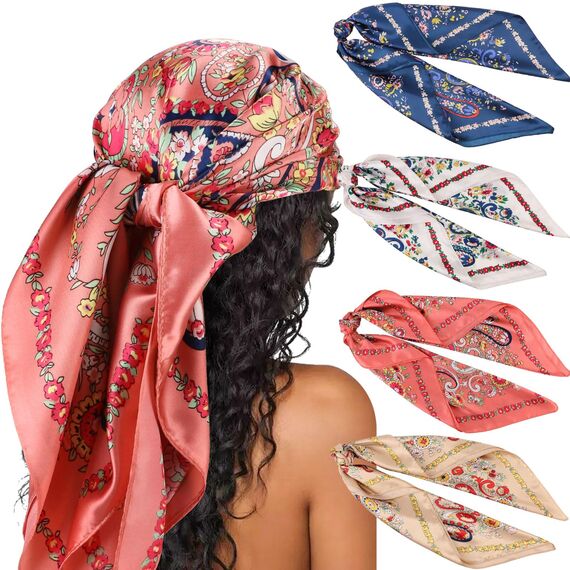 DRESHOW 90x90cm Große Quadratische Schals für Damen Seide Kopftuch Bandanas Haartuch Halstuch Haarschmuck