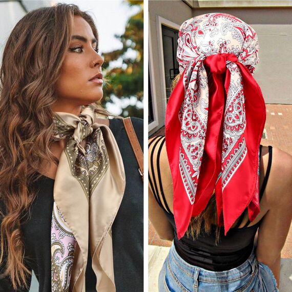 DRESHOW 90x90cm Große Quadratische Schals für Damen 4 Stück Seide Kopftuch