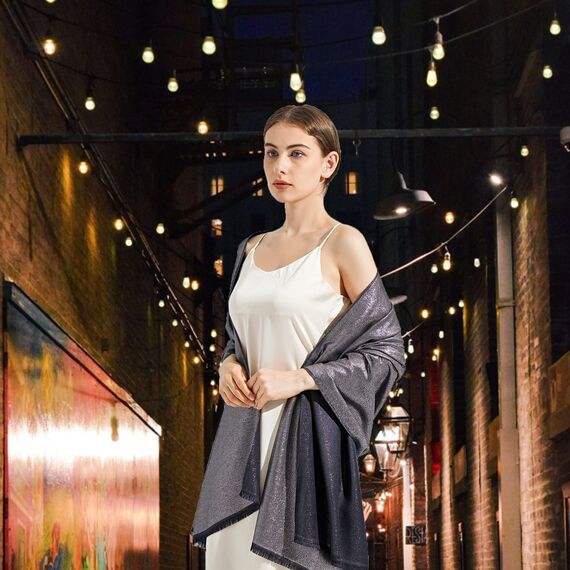 vimate Abendtuch Schal - Weiches Schwarzes Pashmina Tuch & Wrap für Damen, Hochzeits Braut Accessoire (DE-Black & Silver)