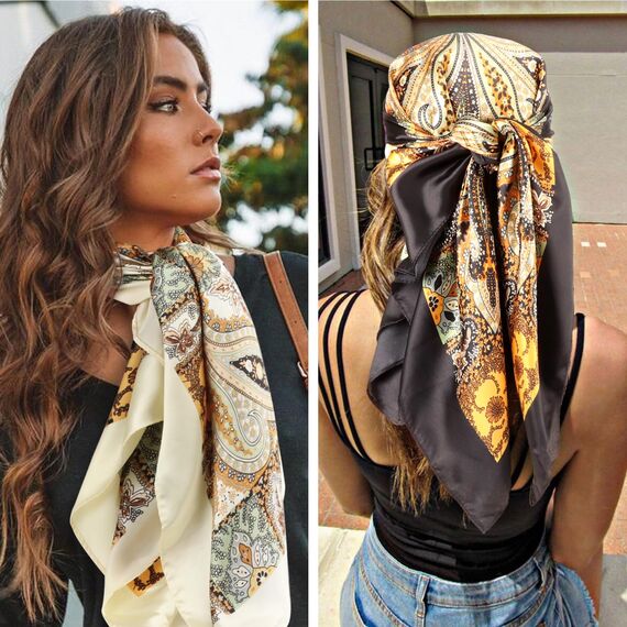 DRESHOW 90x90cm Große Quadratische Schals für Damen 4 Stück Seide Kopftuch Bandanas Haartuch Halstuch Haarschmuck