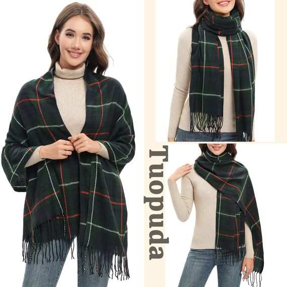 Tuopuda Damen Schal Kariert übergroßer Winter, Schal Quadratisch Deckenschal Karo Tartan Streifen Plaid Muster Fransen Warm XXL Oversized Herbstschal Geschenk für Mama, Grün, Einheitsgröße