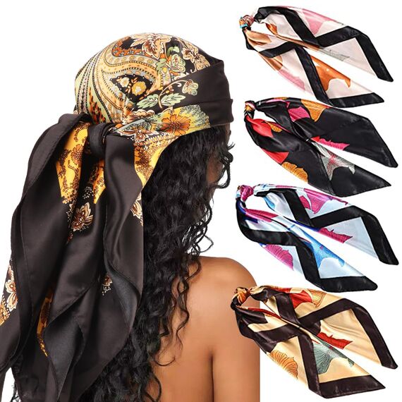 DRESHOW 90x90cm Große Quadratische Schals für Damen 4 Stück Seide Kopftuch Bandanas Haartuch Halstuch Haarschmuck