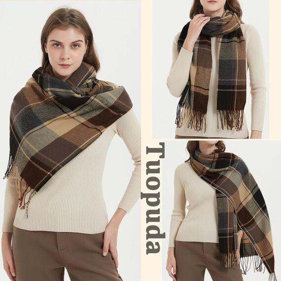 Tuopuda Damen Schal Kariert Pashmina XXL Stolen übergroßer Herbstschal Winterschal Karo Tartan Schultertuch Plaid Deckenschal Modeschal Weicher Warmer Oversized Fransen Poncho, S